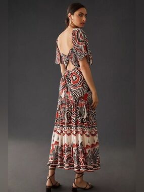 By Anthropologie Tiered Maxi Dress Boho Cut-Out Back Size M NWOT